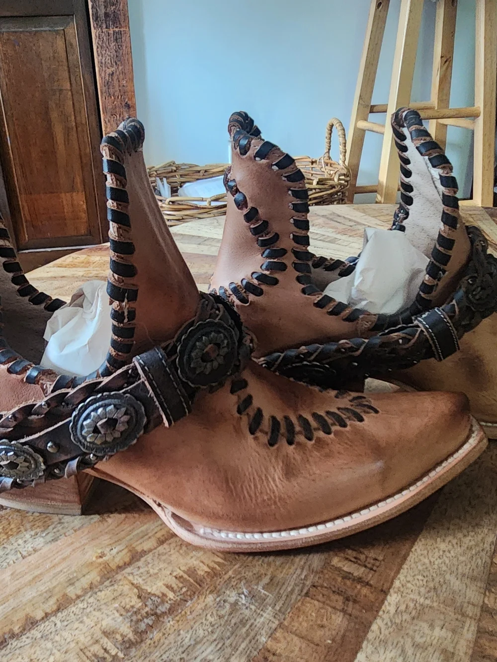 freebird Whimsical Tan Leather Western Ankle Boots with Decorative Concho Strap